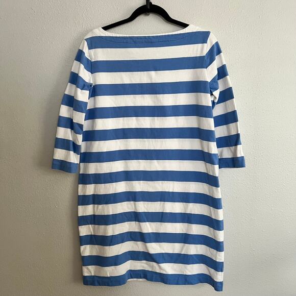 Lands' End Shift Dress Blue White Rugby Striped Button Front 3/4 Sleeve Sz MP - Picture 5 of 5